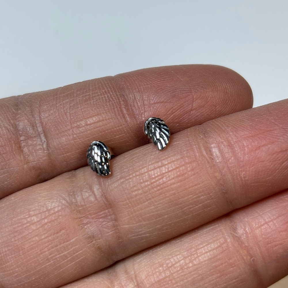 .925 Sterling Silver Petite Wings Women’s Stud Earrings, Small Wings - Picture 2 of 12